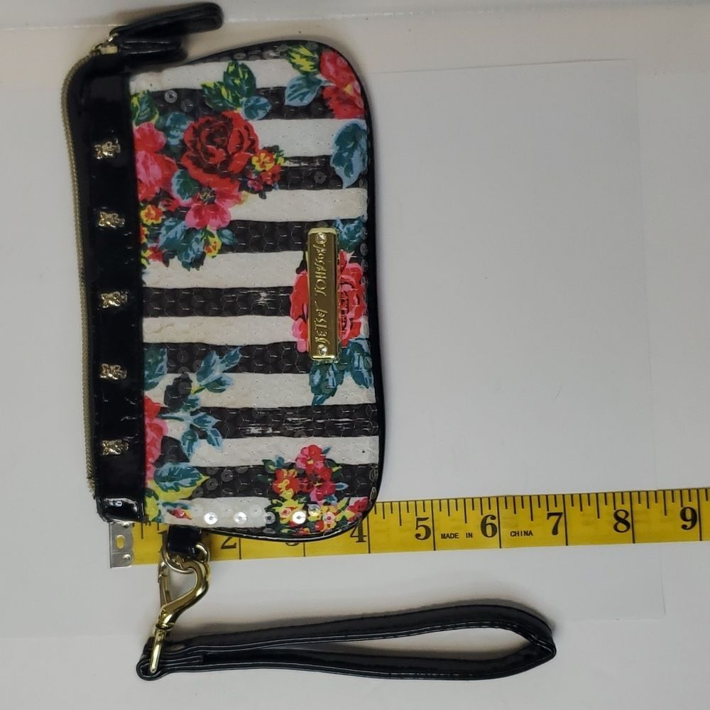 Betsey Johnson Sequined Flowers and Stripes Wristlet Gold Toned Accents - Picture 3 of 11